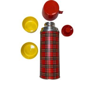 Vintage Aladdin Red Plaid Vacuum Bottle‎ Thermos 1 Qt 2 Cups USA